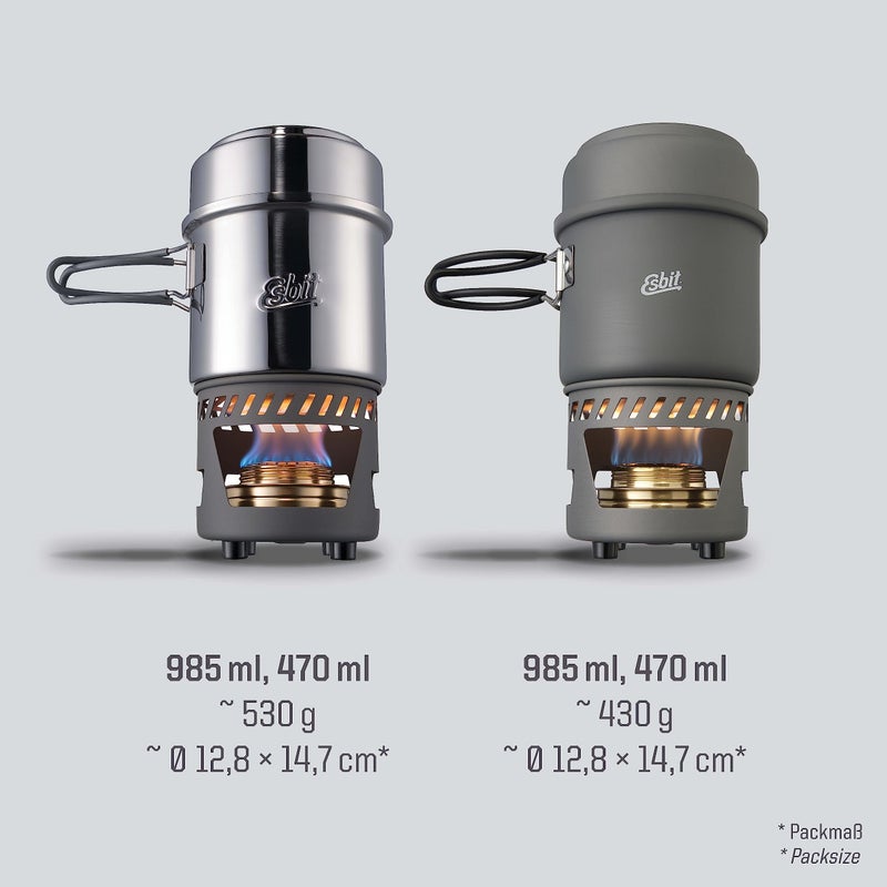 Esbit CS985HA 5-Piece Lightweight Trekking Cook Set with Brass Alcohol Burner Stove and 2 Anodized Aluminum Pots, Grey, 985ml - Image 4